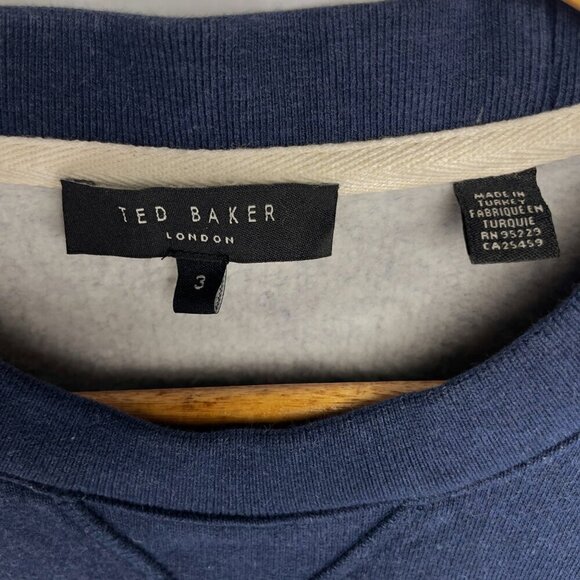 TED BAKER WELLOE Round Neck Chest Logo Cotton Navy Blue Varsity Sweatshirt Sz M - Picture 11 of 16